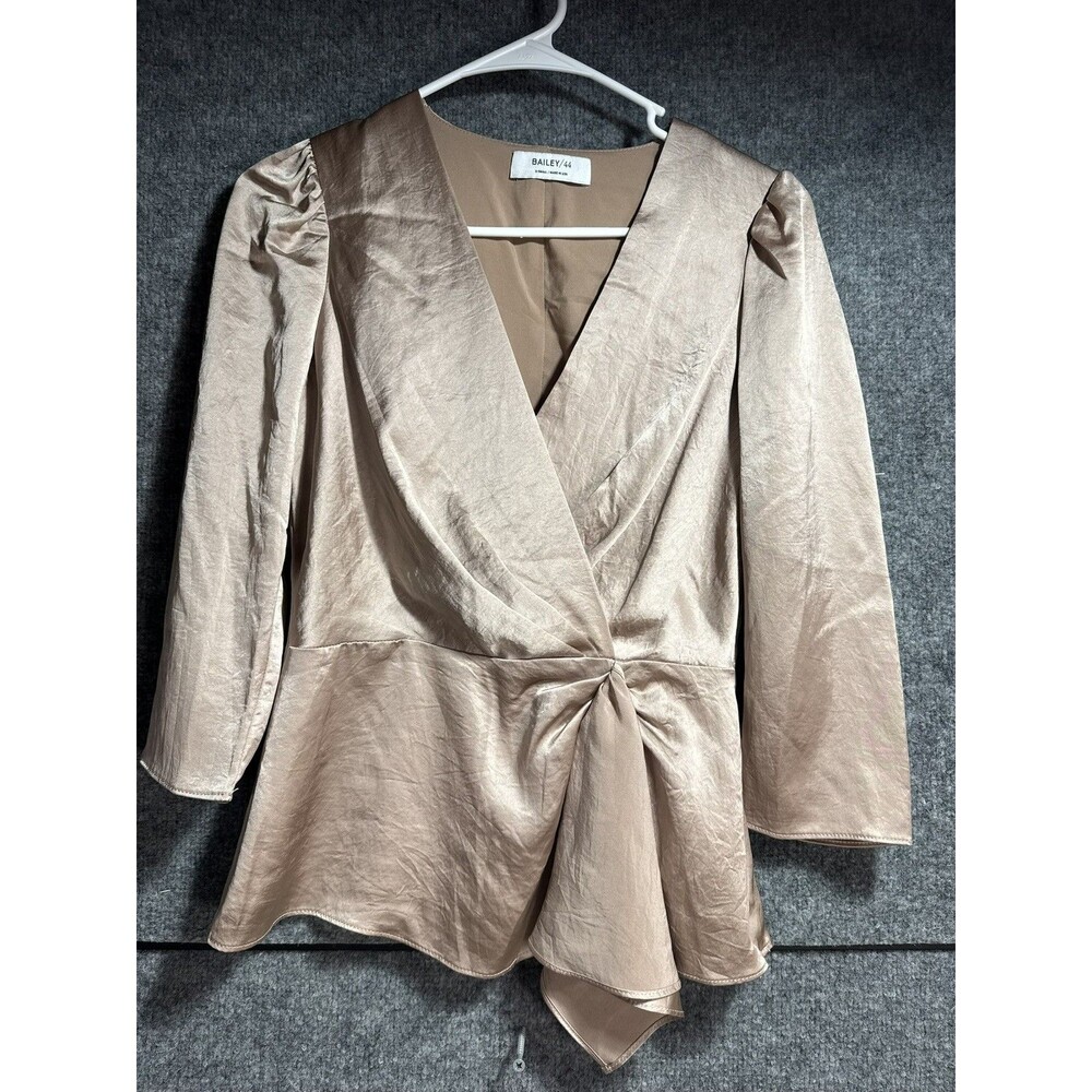 Bailey/44 Womens XS Champagne Satin Wrap Blouse Long Sleeve Peplum Top